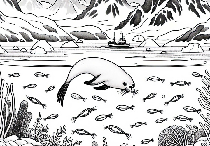 Imagem subaquática com foca e krill – Desenho para colorir Antártida grátis