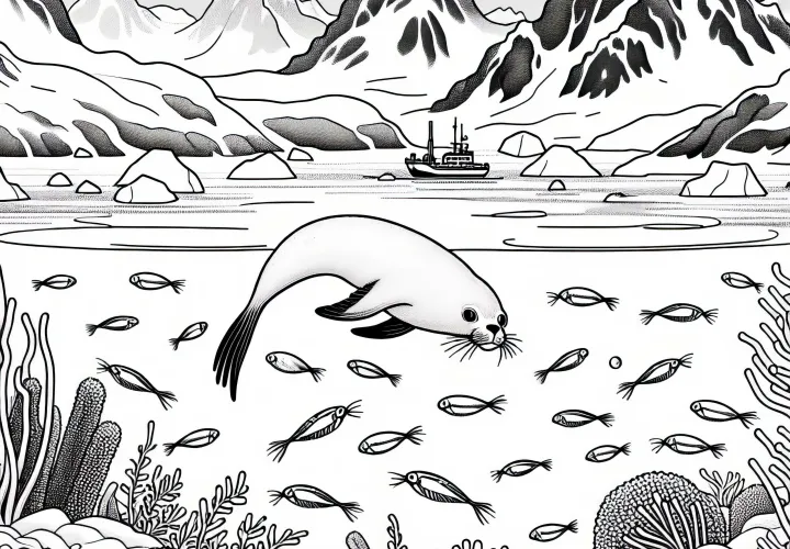 Gambar bawah air dengan anjing laut dan krill - Gambar untuk diwarnai Antartika gratis