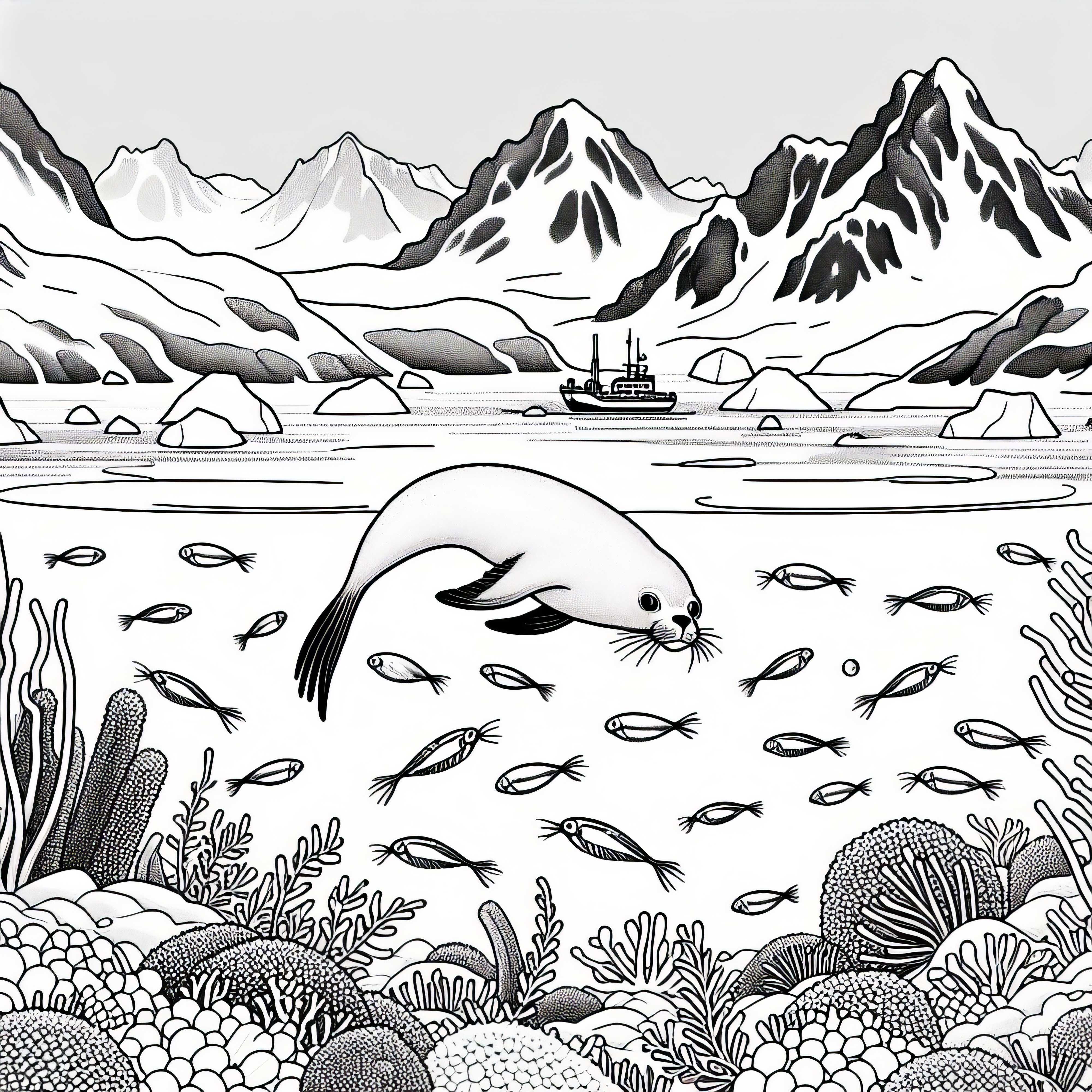 Imagem subaquática com foca e krill – Desenho para colorir Antártica grátis Imagem subaquática com foca e krill – Desenho para colorir Antártica grátis