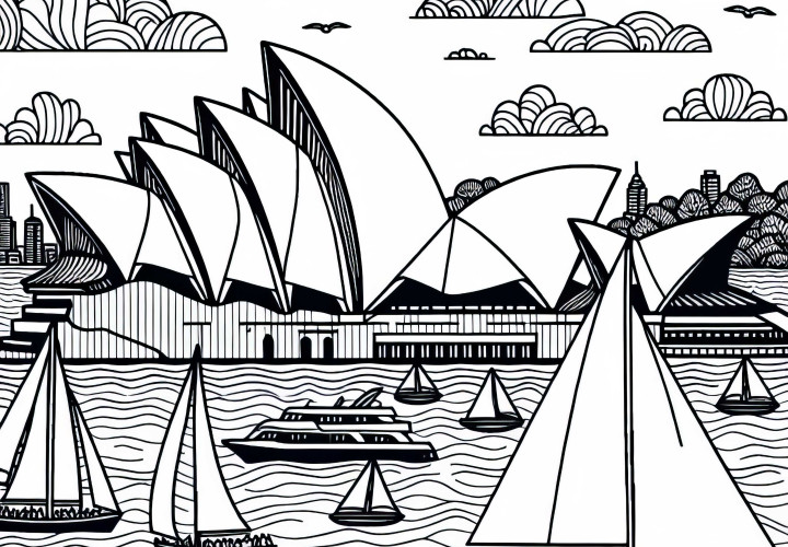 Ópera de Sídney con veleros – Imagen para colorear de Australia y Oceanía