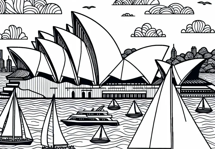 Gedung Opera Sydney dengan perahu layar – Gambar untuk diwarnai untuk Australia dan Oseania
