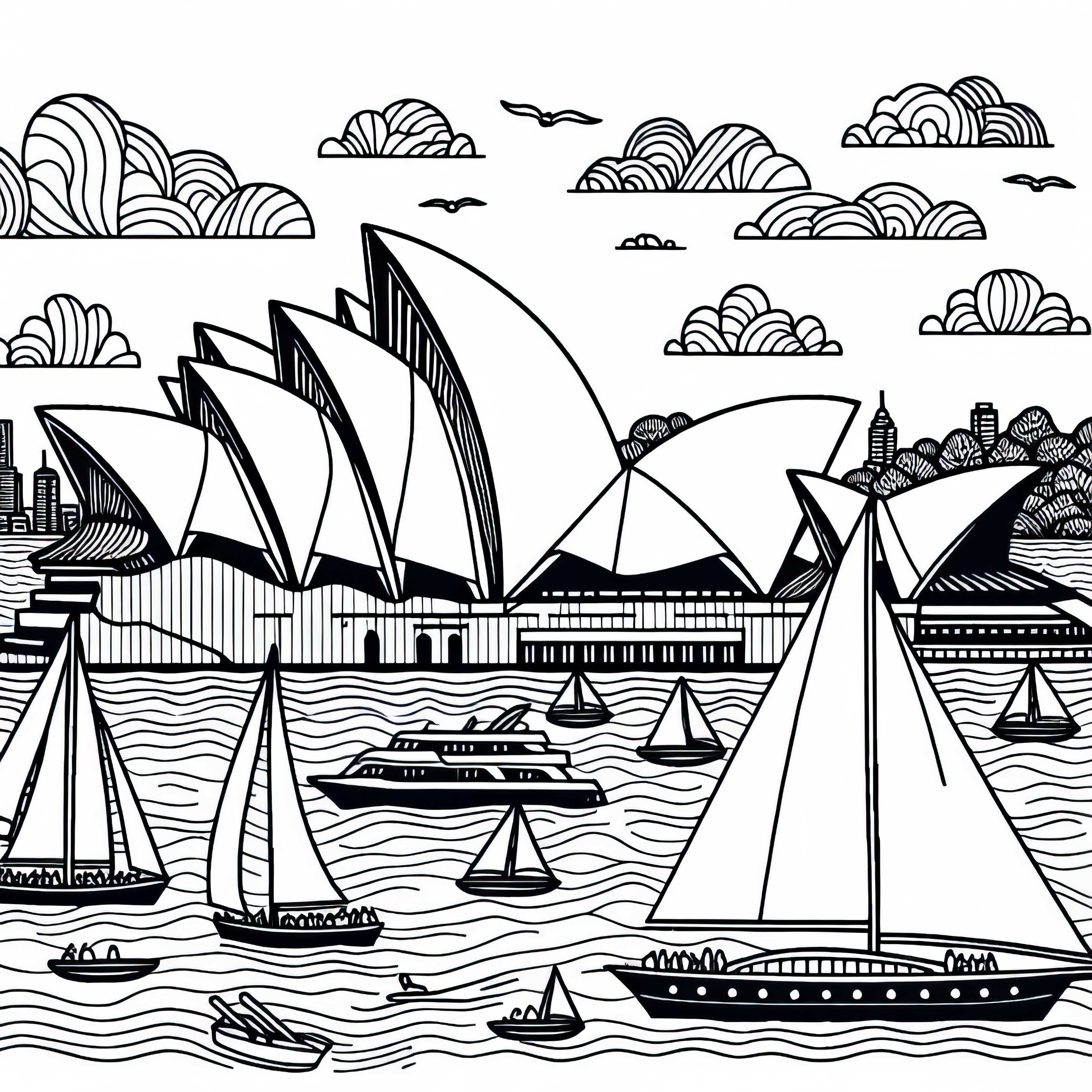 Ópera de Sídney con veleros – Imagen para colorear de Australia y Oceanía Ópera de Sídney con veleros – Dibujo para colorear de Australia y Oceanía
