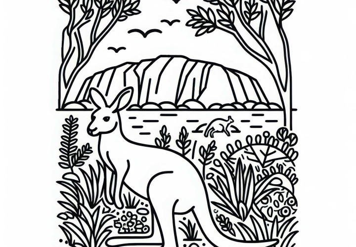 Uluru, la roca Ayers con un canguro en primer plano – Plantilla para colorear Australia y Oceanía Gratis