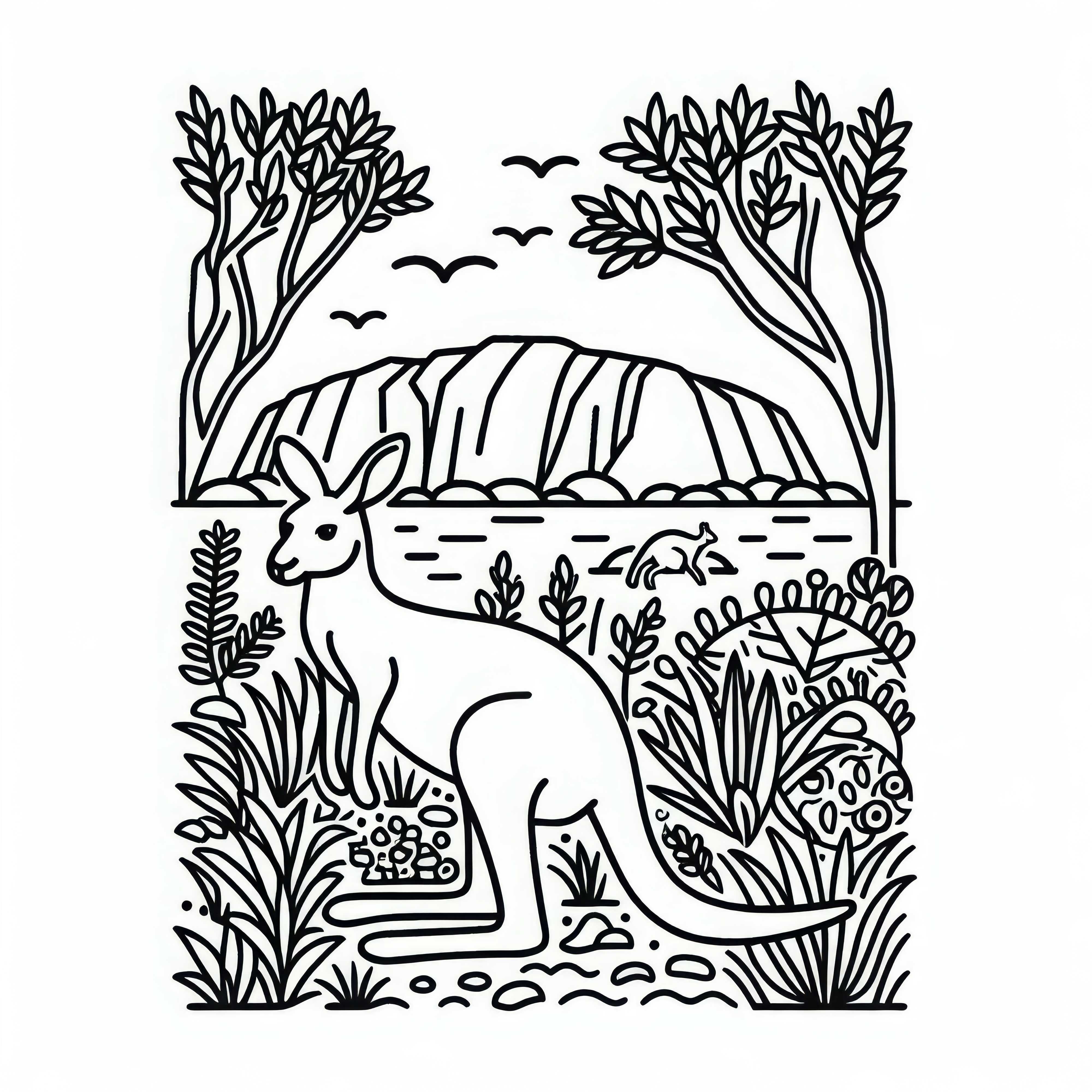 Uluru, Ayers Rock con canguro en primer plano - Plantilla para colorear de Australia y Oceanía Gratis