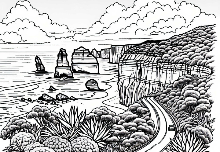 Gran Carretera Oceánica con acantilados empinados - Plantilla para colorear Australia Oceanía gratis