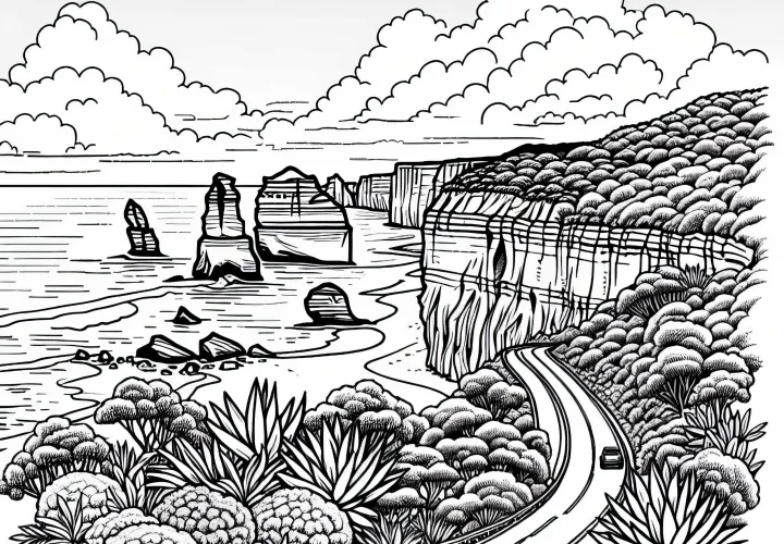 Great Ocean Road dengan tebing curam - Tempat mewarnai Australia Oseania gratis