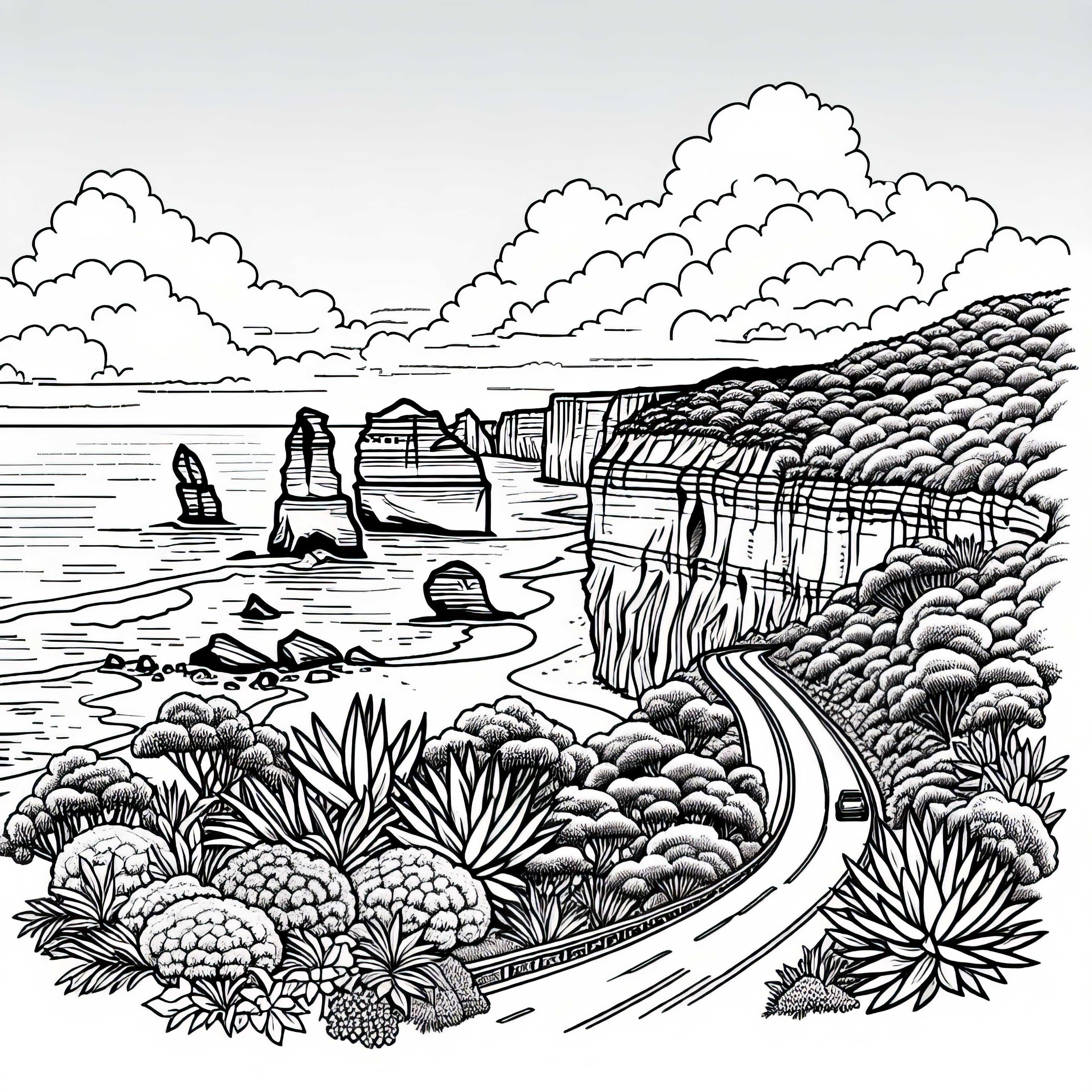 Gran Ruta Oceánica con acantilados escarpados - Plantilla para colorear de Australia Oceanía gratis