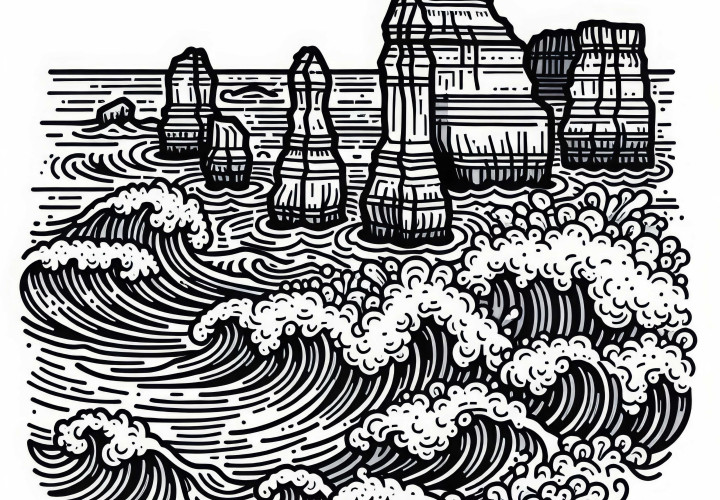 Doce Apóstoles columnas de piedra en el mar con olas - Dibujo para colorear gratis Australia Oceanía