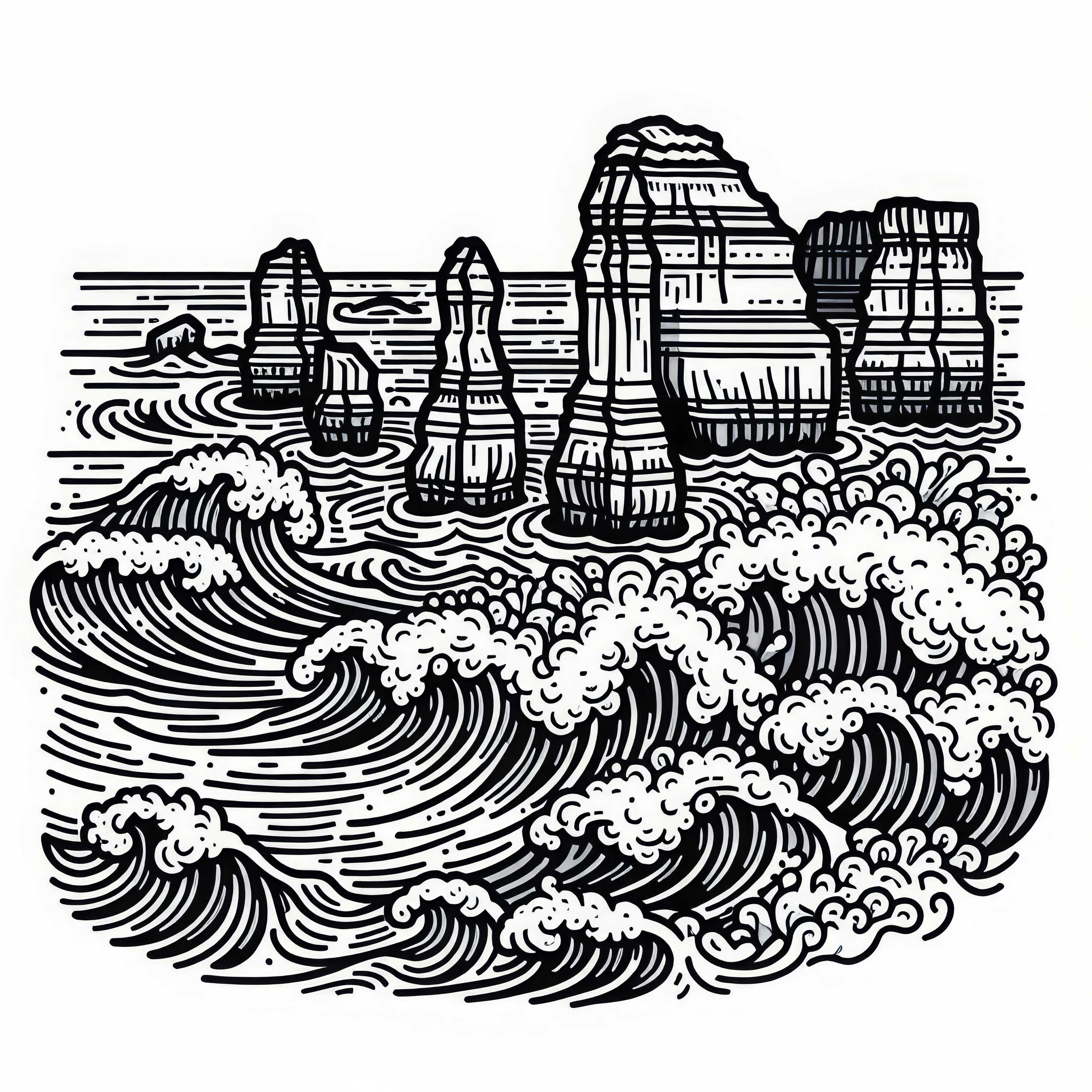 Doce Apóstoles, columnas de piedra en el mar con olas - dibujo para colorear de Australia y Oceanía gratis