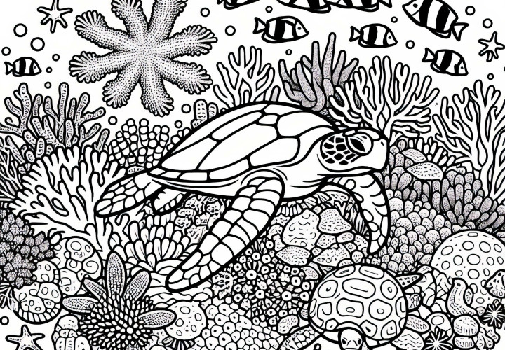 Dibujo para colorear de la Gran Barrera de Coral con peces, tortugas y corales - ¡descarga gratuita!