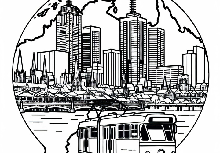 Skyline de Melbourne con tranvía - Dibujo para colorear Australia Oceanía gratis