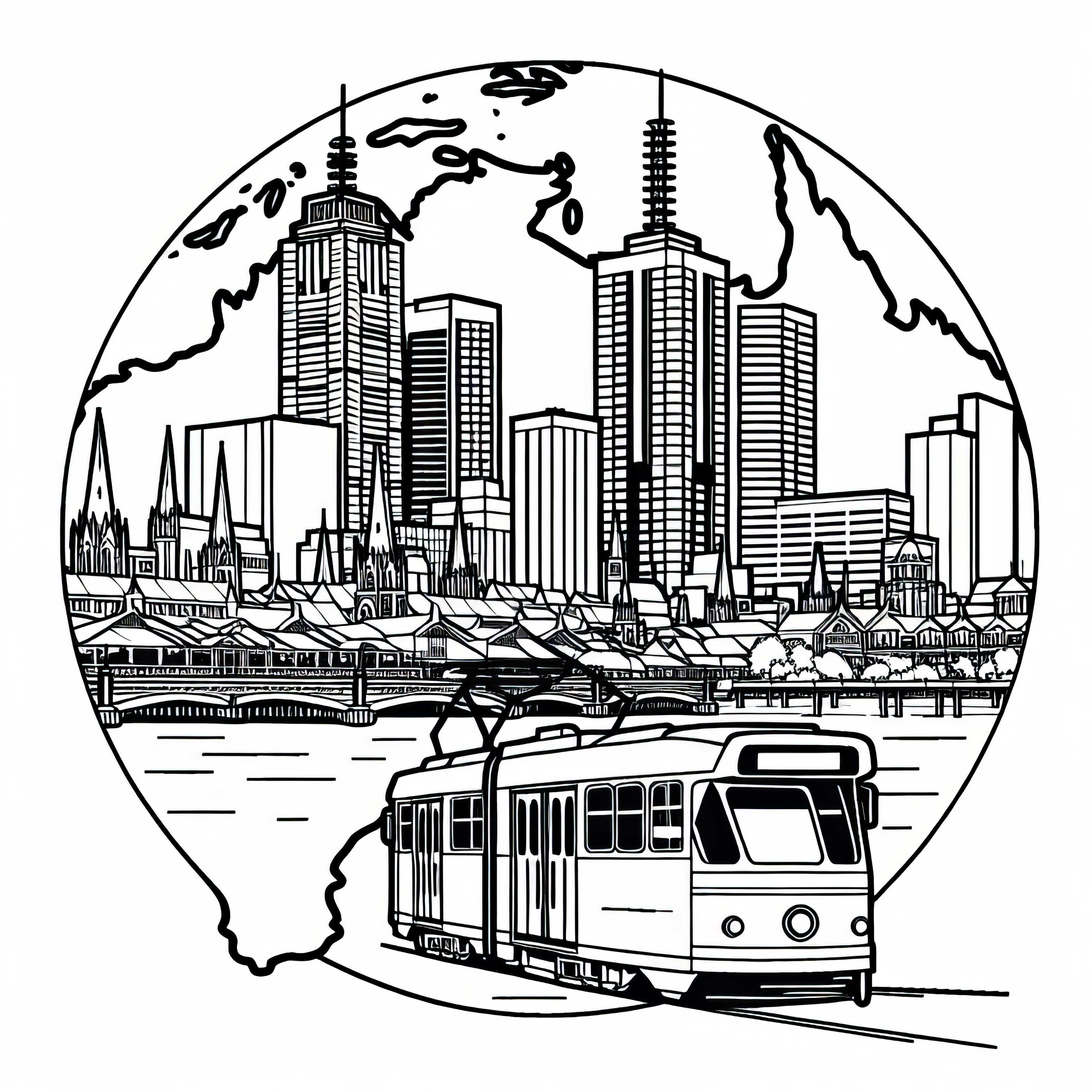 Horizonte de Melbourne con tranvía - Dibujo para colorear Australia Oceanía gratis