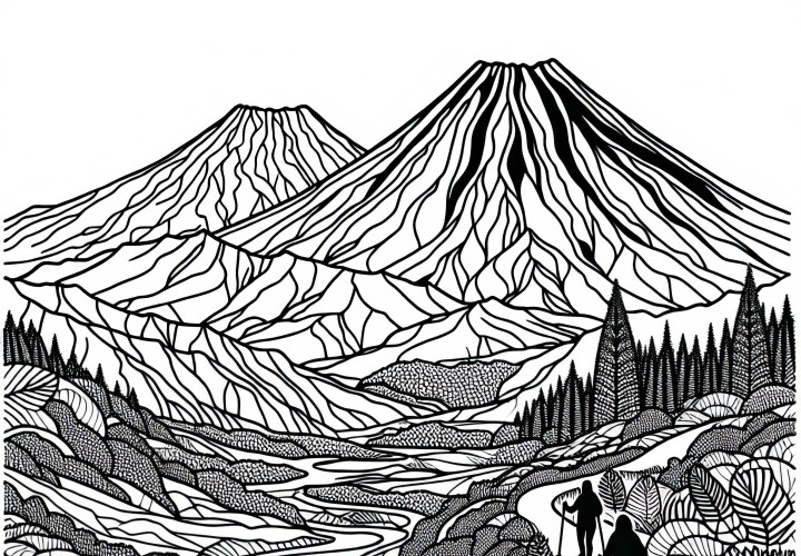 Volcanes de Tongariro en Nueva Zelanda con sendero – Plantilla para colorear Australia y Oceanía