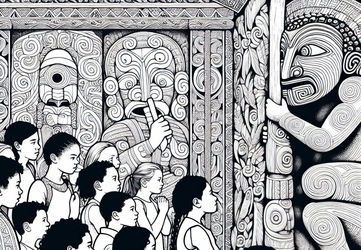 Tallados maoríes de Nueva Zelanda con niños observando - Plantilla para colorear de Australia y Oceanía gratis
