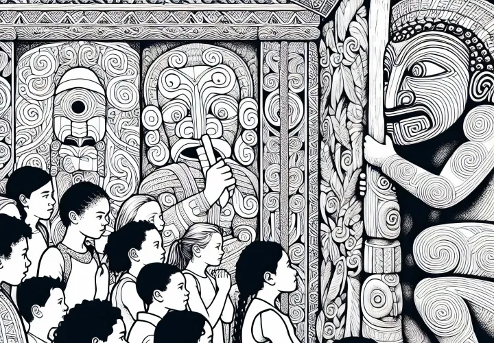 Ukiran Maori dari Selandia Baru dengan anak-anak yang sedang melihat - Template mewarnai Australia dan Oseania gratis