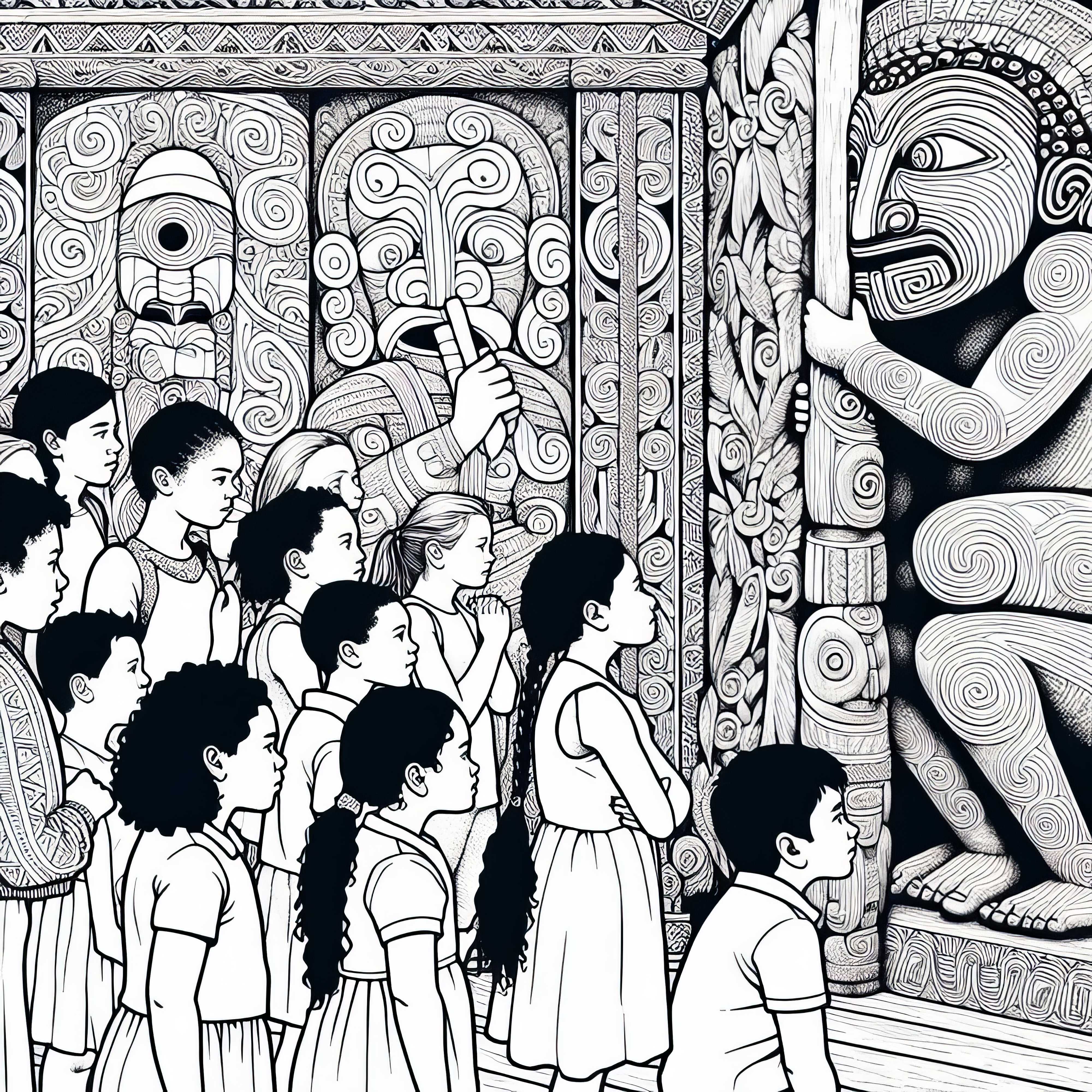 Tallados maoríes de Nueva Zelanda con niños observando – Plantilla para colorear de Australia y Oceanía gratis