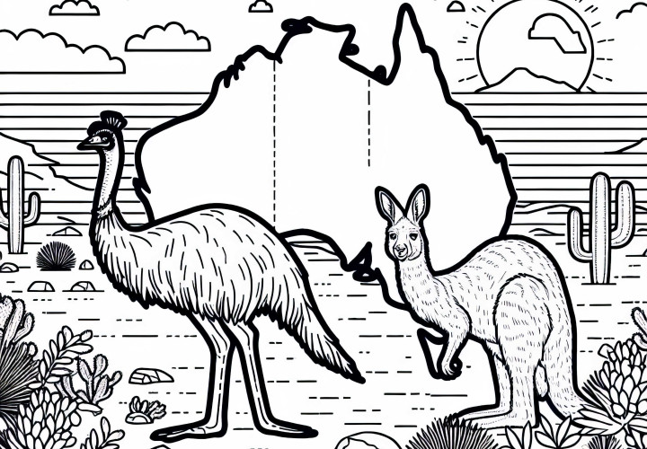 Desierto con emú y canguro - Dibujo para colorear de Australia y Oceanía gratis