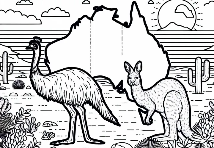 Gurun dengan Emu dan Kanguru – Gambar mewarnai Australia dan Oseania gratis