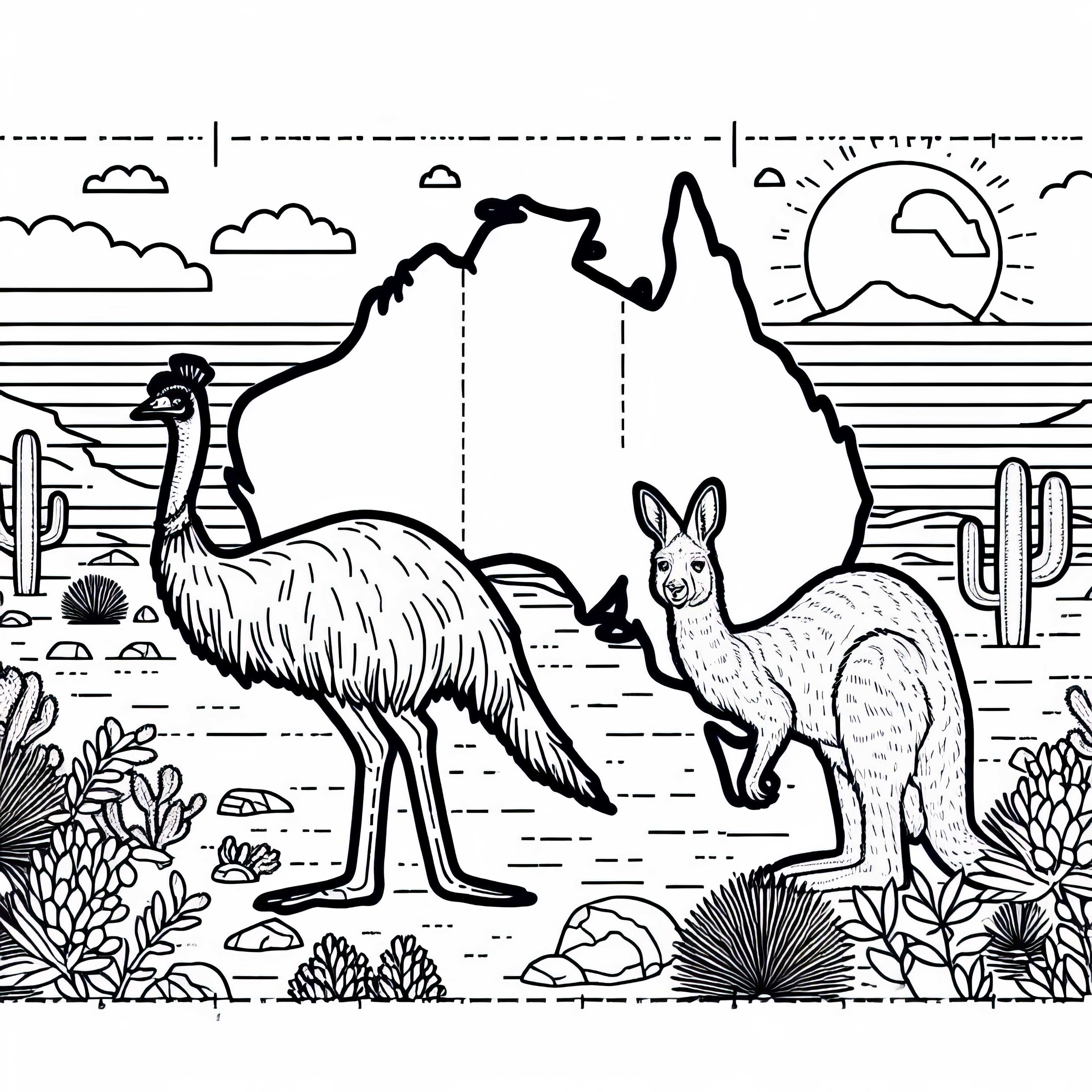 Desierto con emu y canguro - Imagen para colorear de Australia y Oceanía gratis