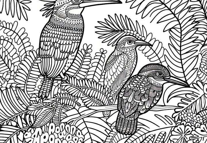 Selvas tropicales de Queensland con aves y helechos - Plantilla de colorear gratis de Australia y Oceanía