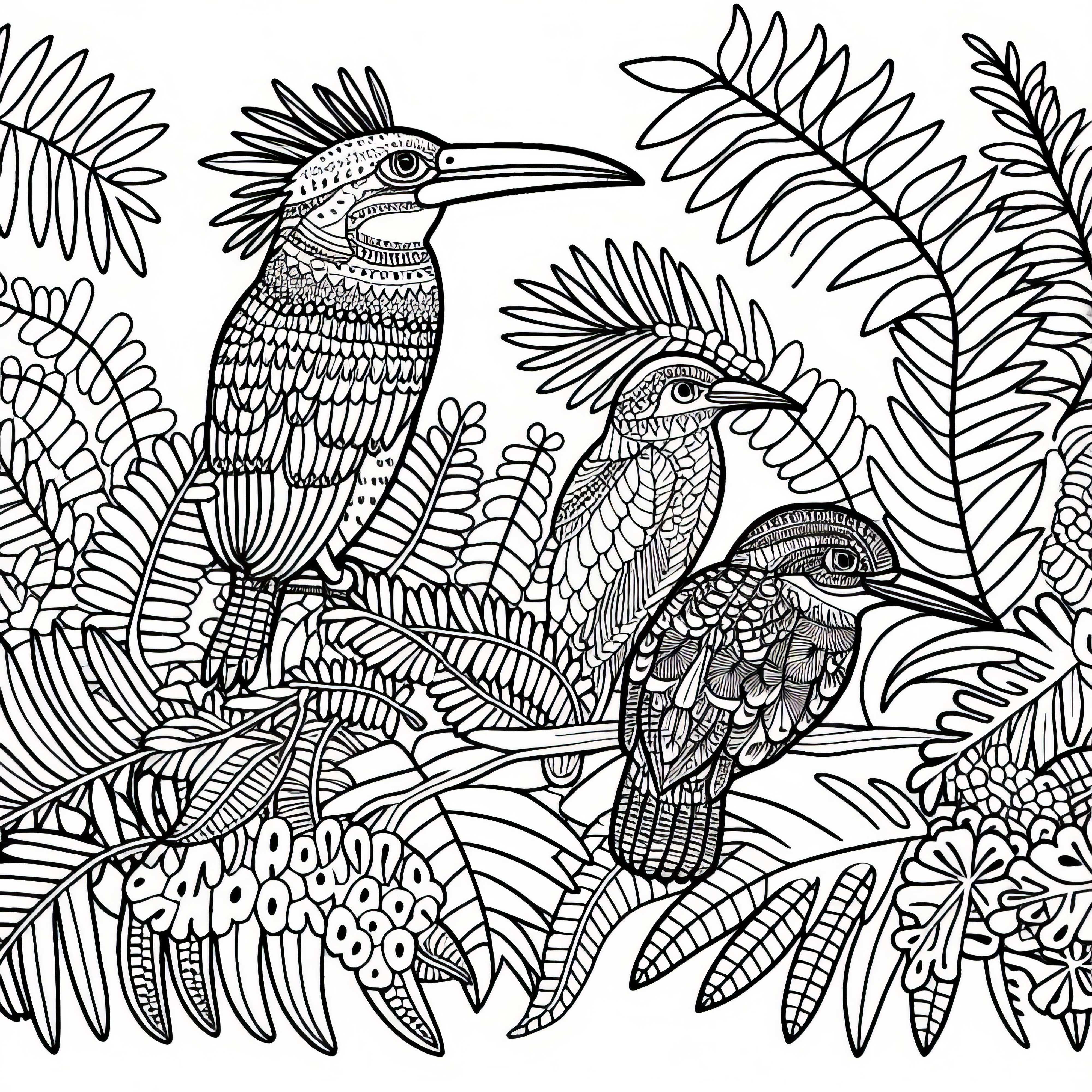 Selvas tropicales de Queensland con aves y helechos - Plantilla de colorear gratis de Australia y Oceanía