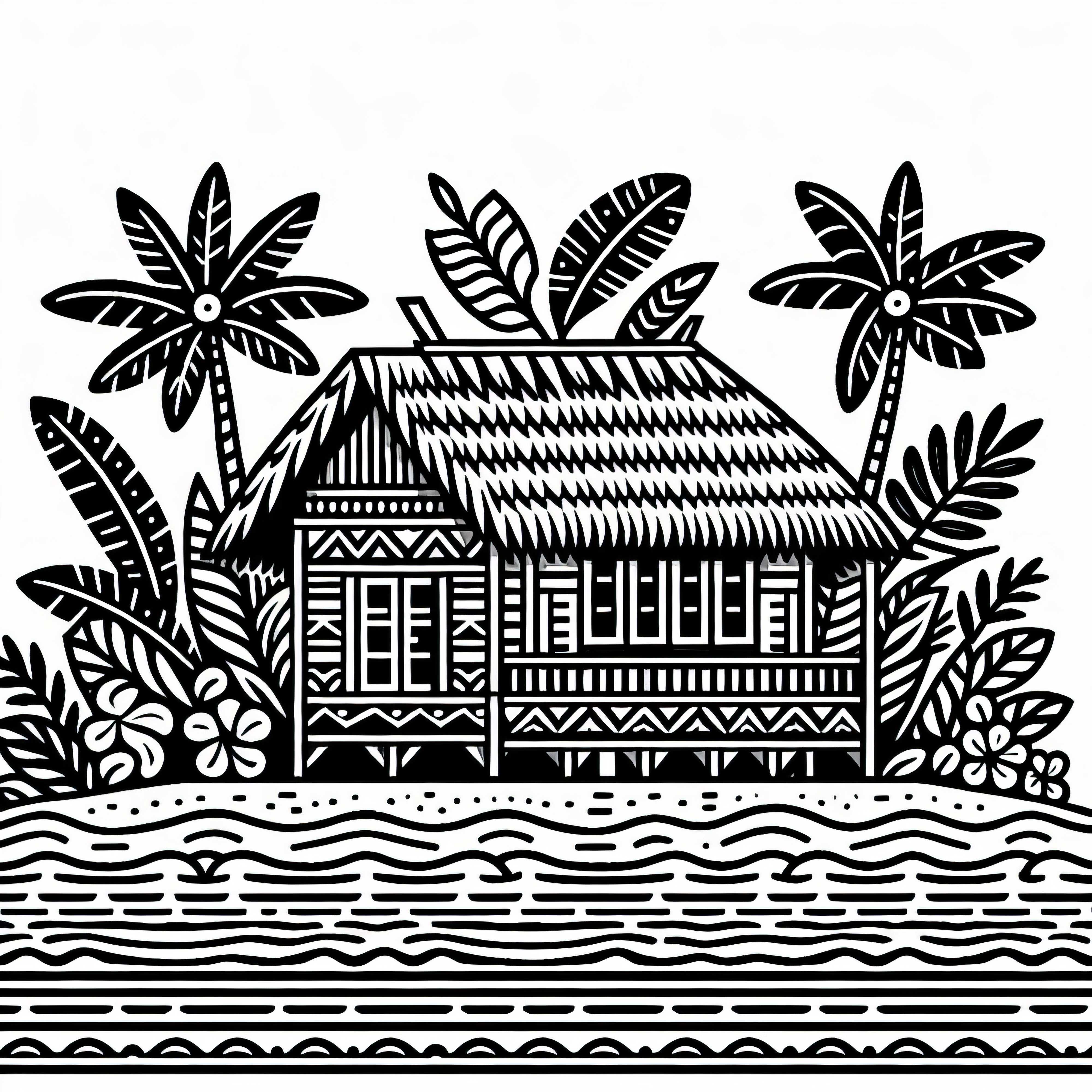 Casa Fale Samoa con techo de palmas – plantilla para colorear gratuita Casa Fale Samoa con techo de palma - plantilla para colorear gratis