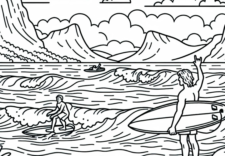 Costa con surfistas - Dibujo para colorear de Australia y Oceanía gratis