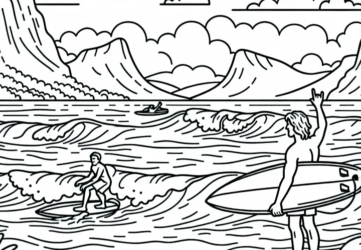 Pantai dengan peselancar - Gambar pewarna gratis Australia dan Oseania