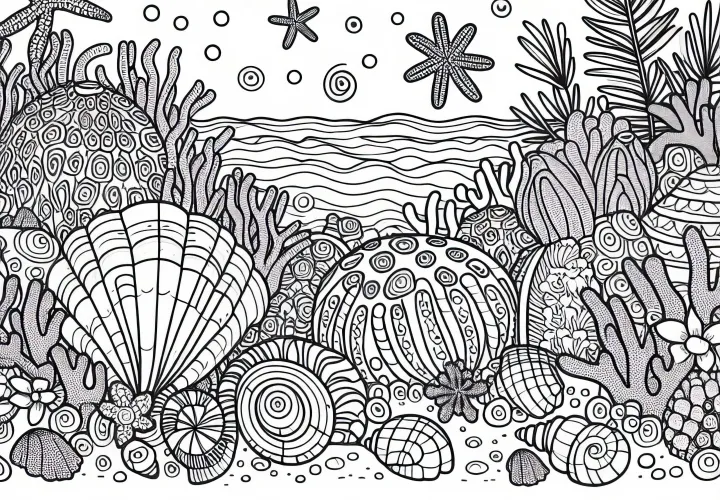 Pantai karang dengan kerang - Gambar mewarnai gratis untuk Australia dan Oceania