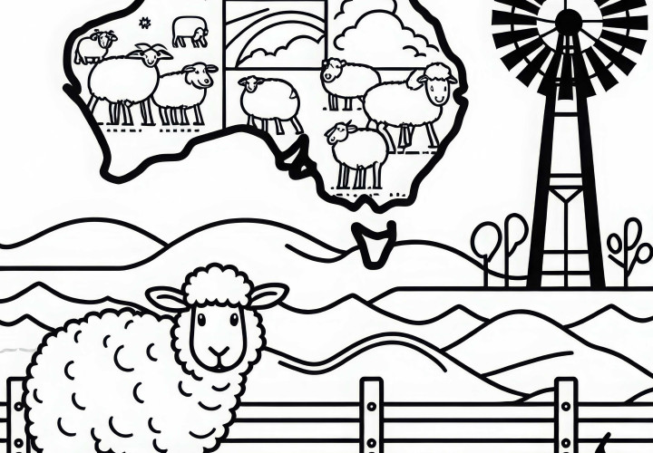 Granja con ovejas, cerca y molino de viento - Plantilla para colorear Australia y Oceanía