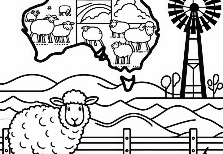 Pertanian dengan domba, pagar, dan kincir angin - Halaman pewarnaan Australia dan Oseania