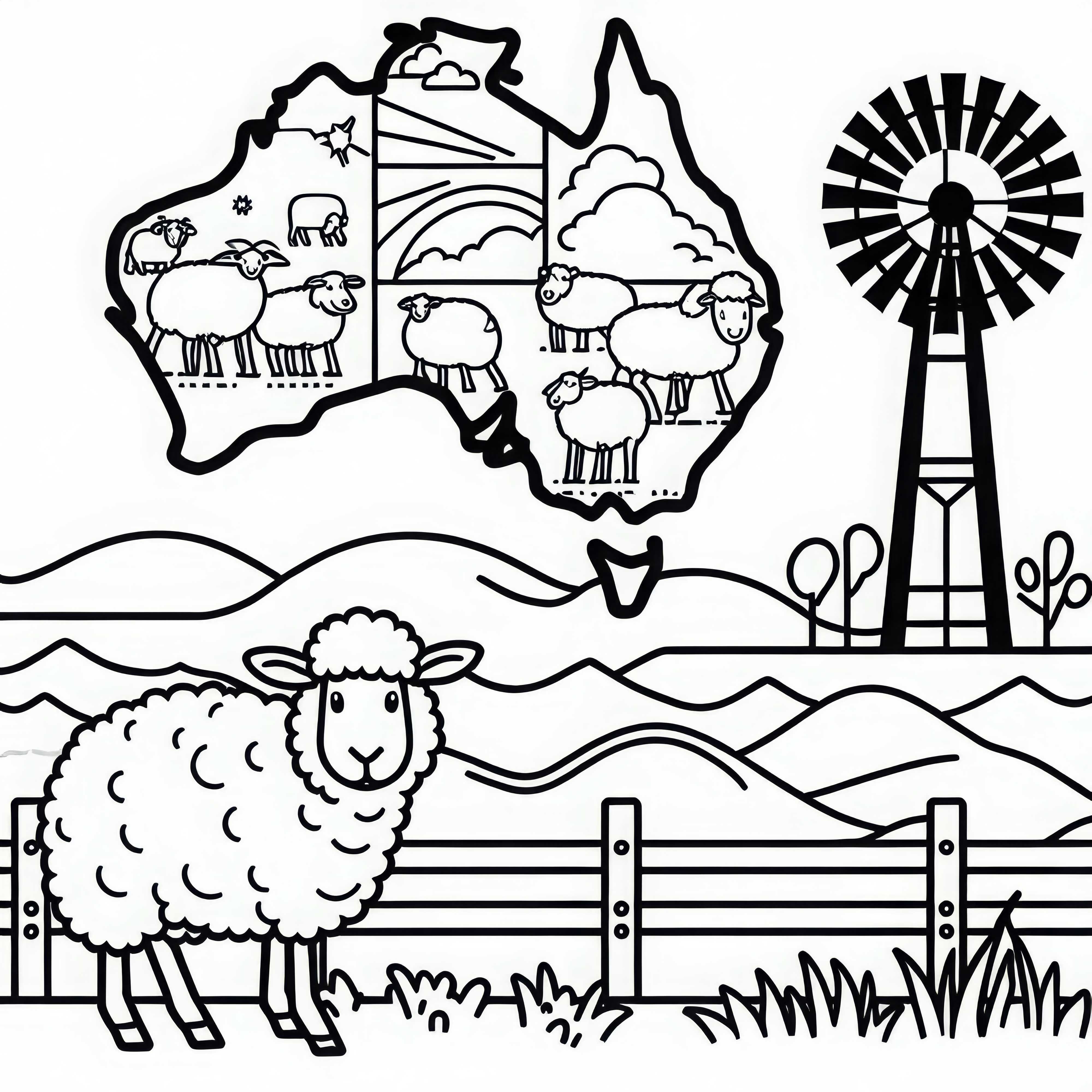 Granja con ovejas, valla y molino de viento - Plantilla para colorear Australia y Oceanía