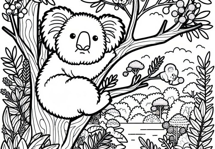 Bosque con koala en el árbol: dibujo para colorear de Australia y Oceanía gratis