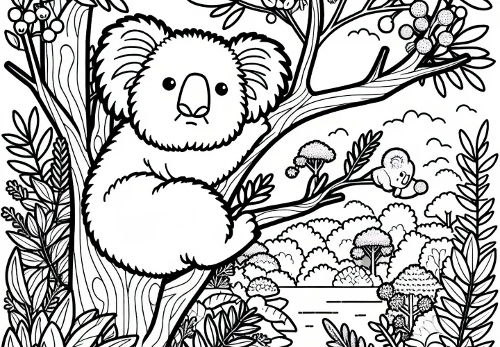 Hutan semak dengan koala di pohon: Gambar untuk diwarnai untuk Australia dan Oseania gratis