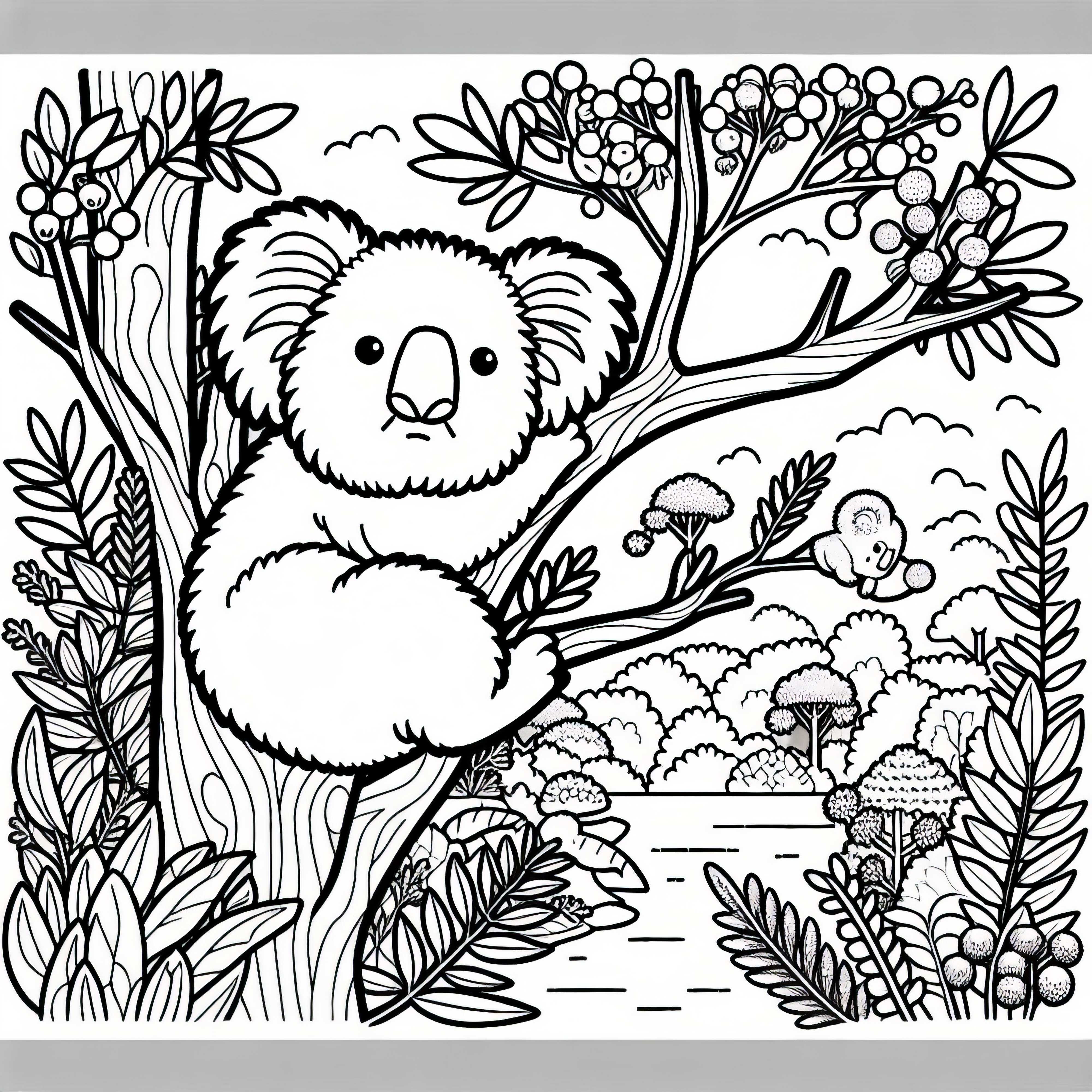 Bosque de arbustos con koala en el árbol: dibujo para colorear de Australia y Oceanía gratis Bosque con koala en el árbol: Imagen para colorear de Australia y Oceanía gratis