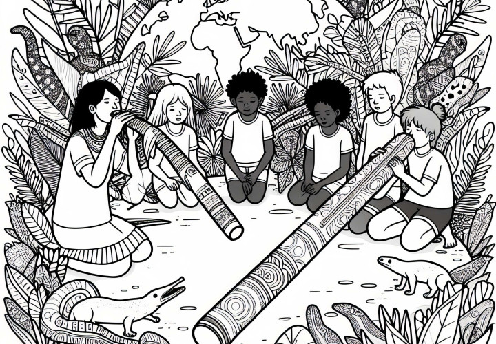 Niños tocando el didgeridoo - Dibujo para colorear de Australia y Oceanía gratis