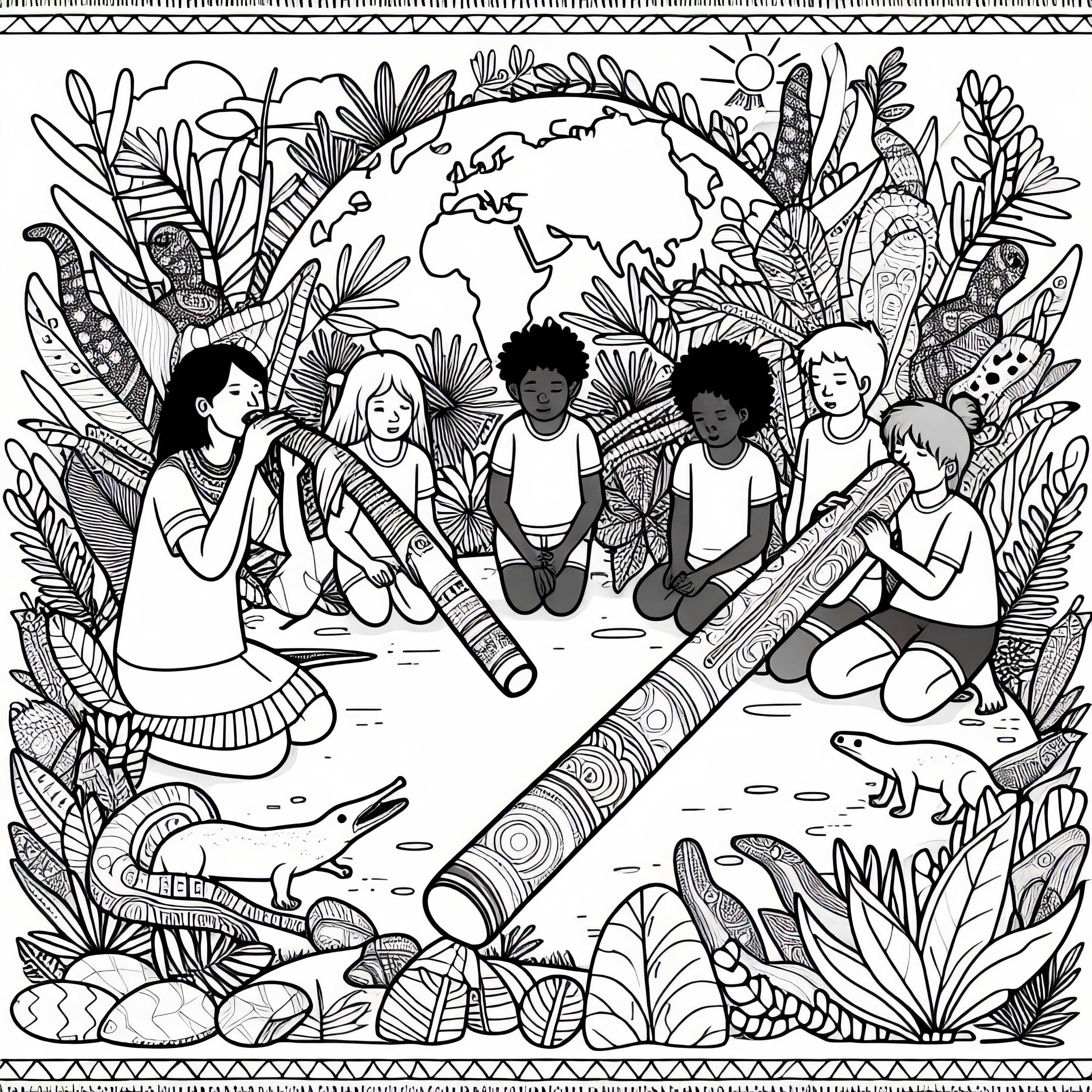 Los niños tocan el didgeridoo – dibujo para colorear de Australia y Oceanía gratis