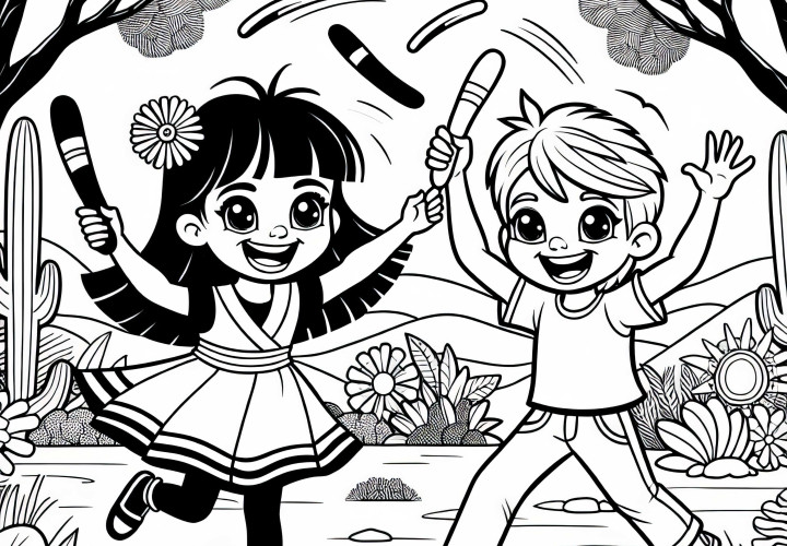 Niños lanzando un bumerán - Dibujo para colorear de Australia y Oceanía