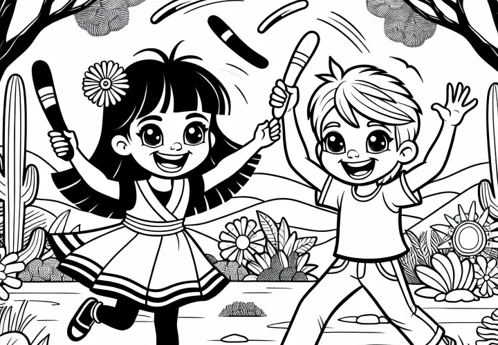 Anak-anak melempar boomerang - Gambar untuk diwarnai dari Australia dan Oseania