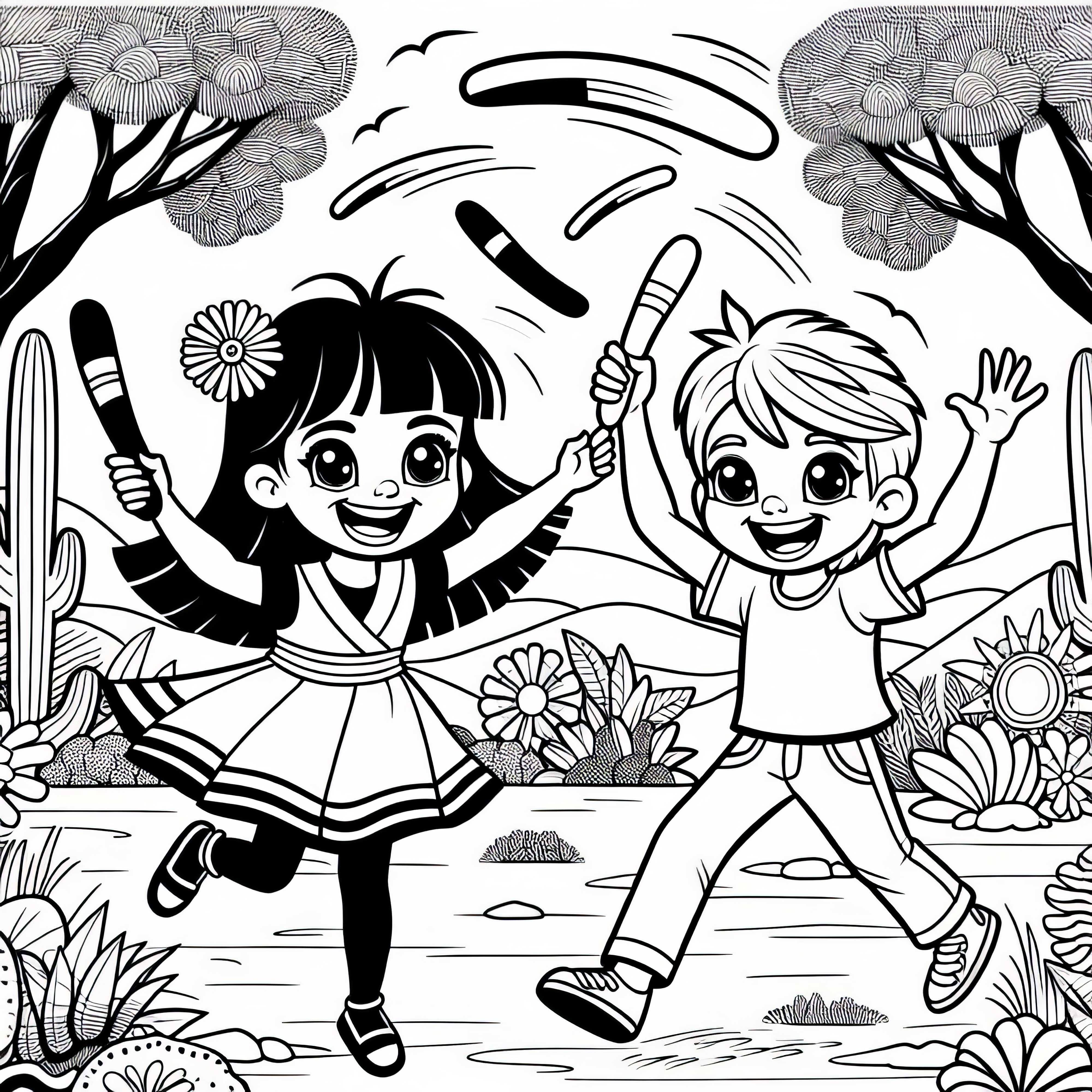 Niños lanzando un boomerang - dibujo para colorear de Australia y Oceanía