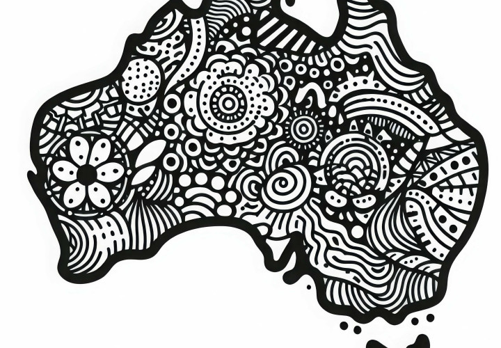 Stilisert fargeleggingsbilde av et kart over Australia og Oseania