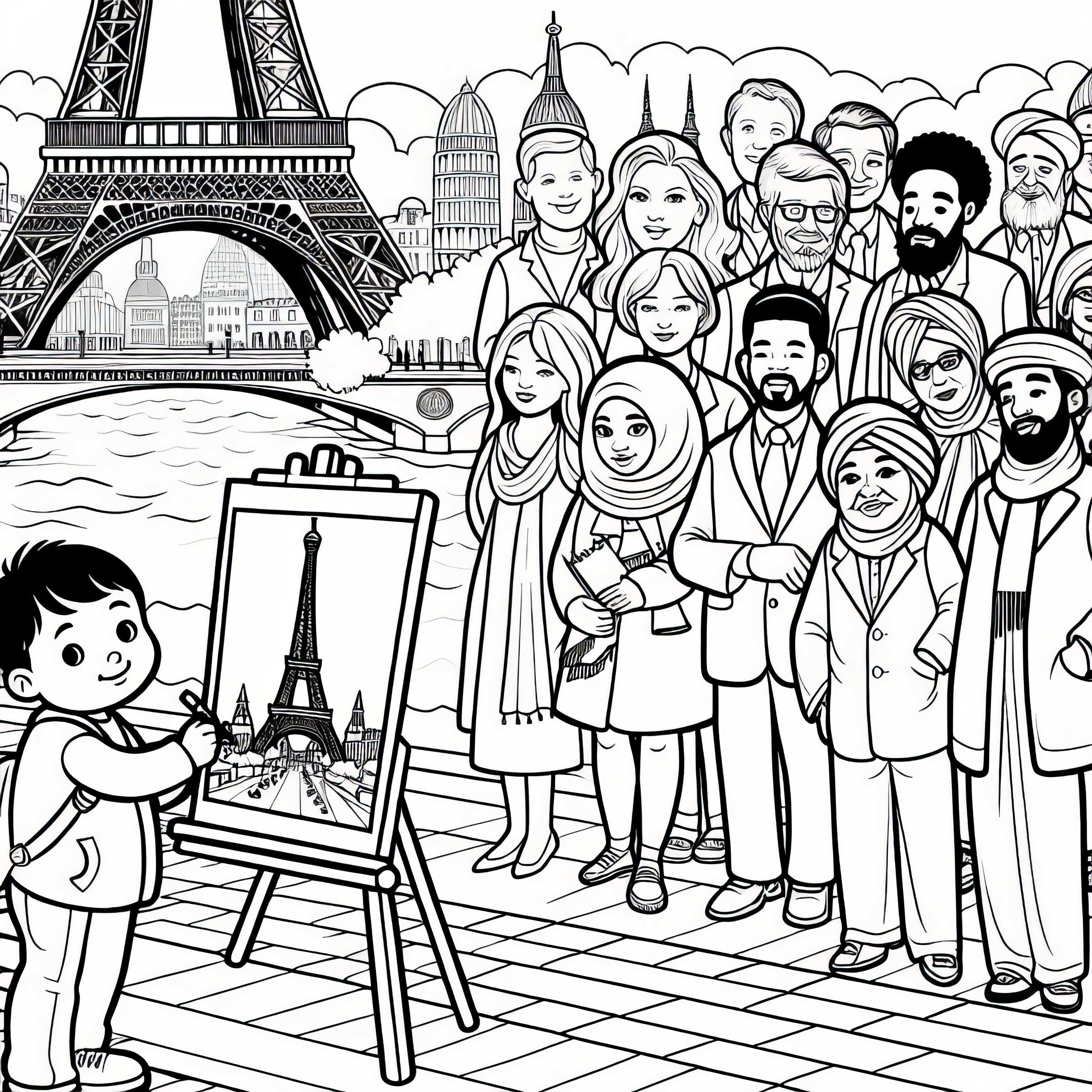 Paris Kind malt Bild vom Eiffelturm – Malvorlage kostenlos