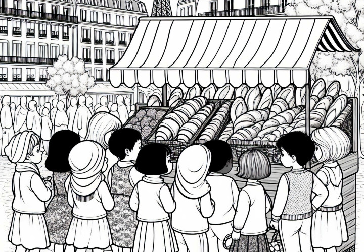 Paris Marktstand mit Croissants und Baguettes – Ausmalbild Kostenlos Paris Marktstand mit Croissants und Baguettes – Ausmalbild Kostenlos