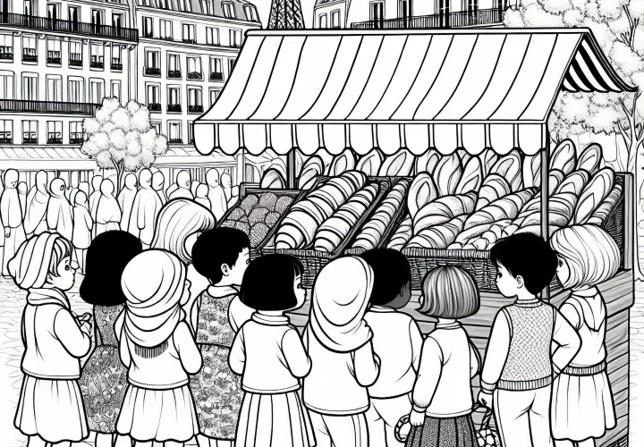 Stand pasar Paris dengan croissant dan baguette - Gambar untuk diwarnai Gratis