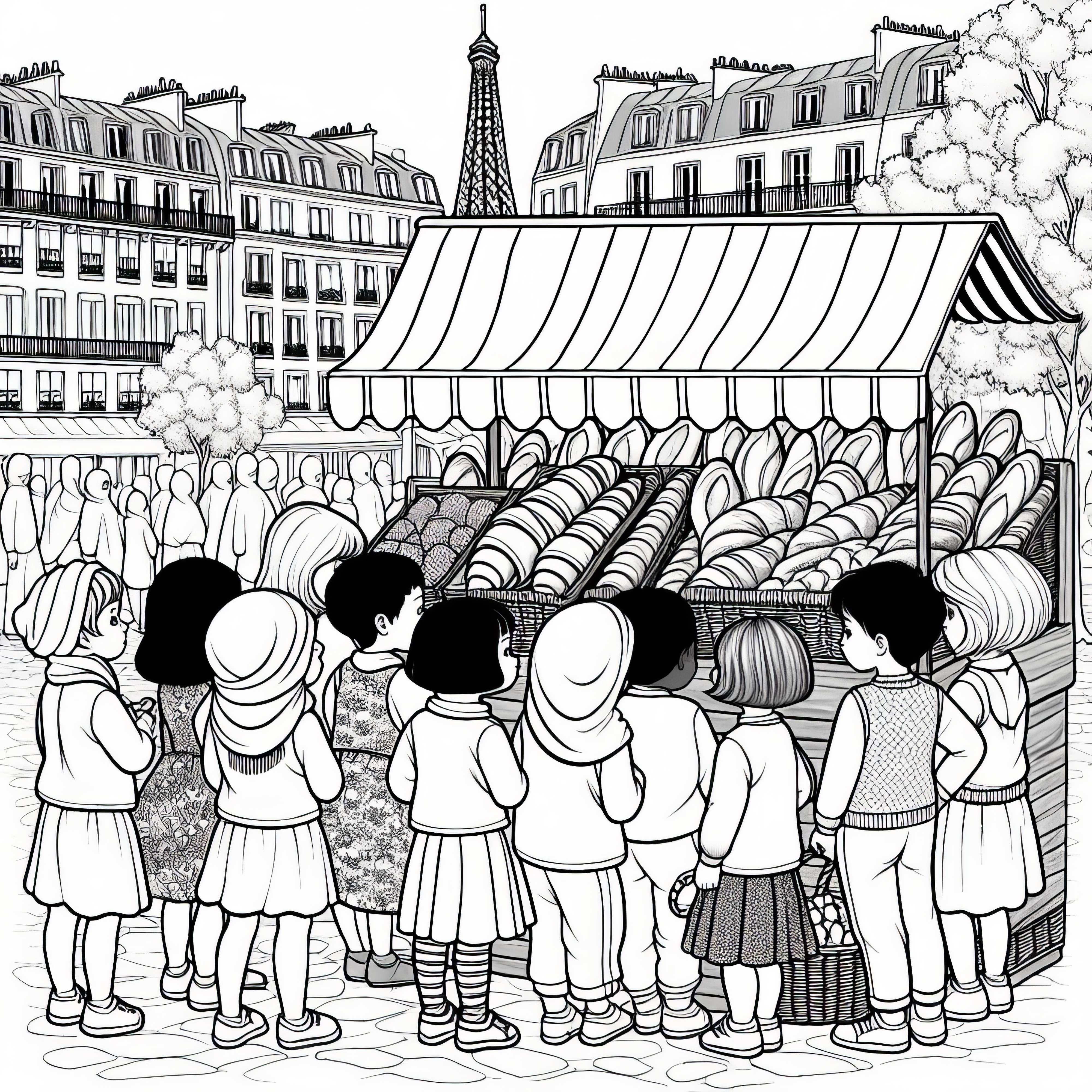 Paris Marktstand mit Croissants und Baguettes – Ausmalbild Kostenlos