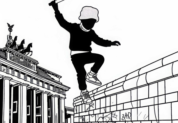 Ein Kind balanciert auf der Mauer der East Side Gallery – kostenlose Malvorlage Ein Kind balanciert auf der Mauer der East Side Gallery – kostenlose Malvorlage