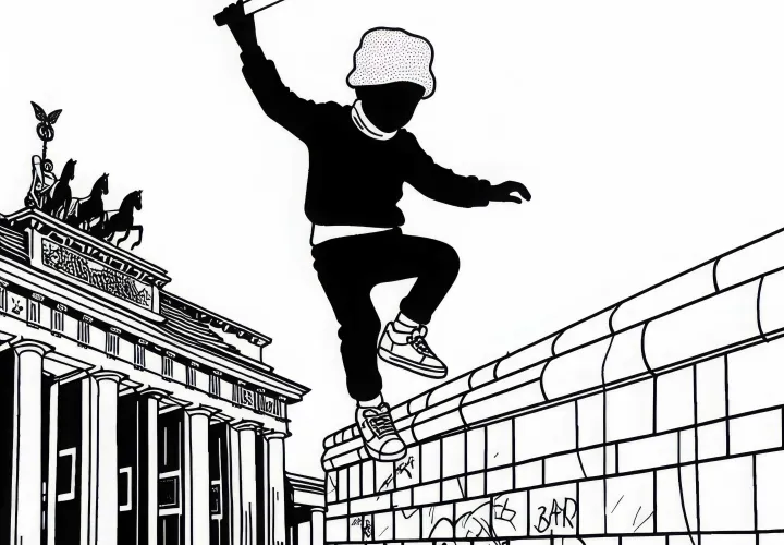 Seorang anak menyeimbangkan diri di dinding East Side Gallery - lembar mewarnai gratis