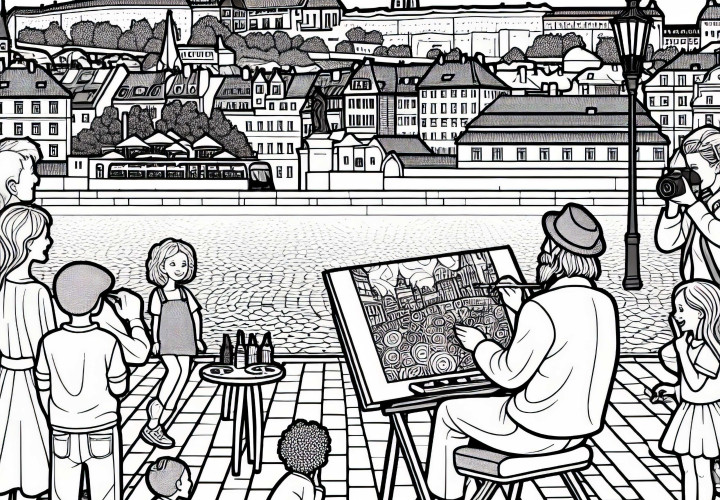 Prager Straßenkünstler malt während Kinder zusehen – Malvorlage kostenlos Prager Straßenkünstler malt während Kinder zusehen – Malvorlage kostenlos