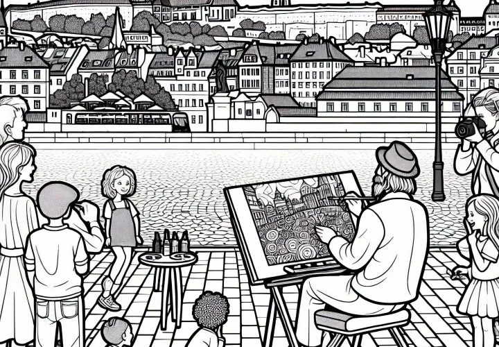 Seniman jalanan Praga melukis sementara anak-anak melihat – Template mewarnai gratis