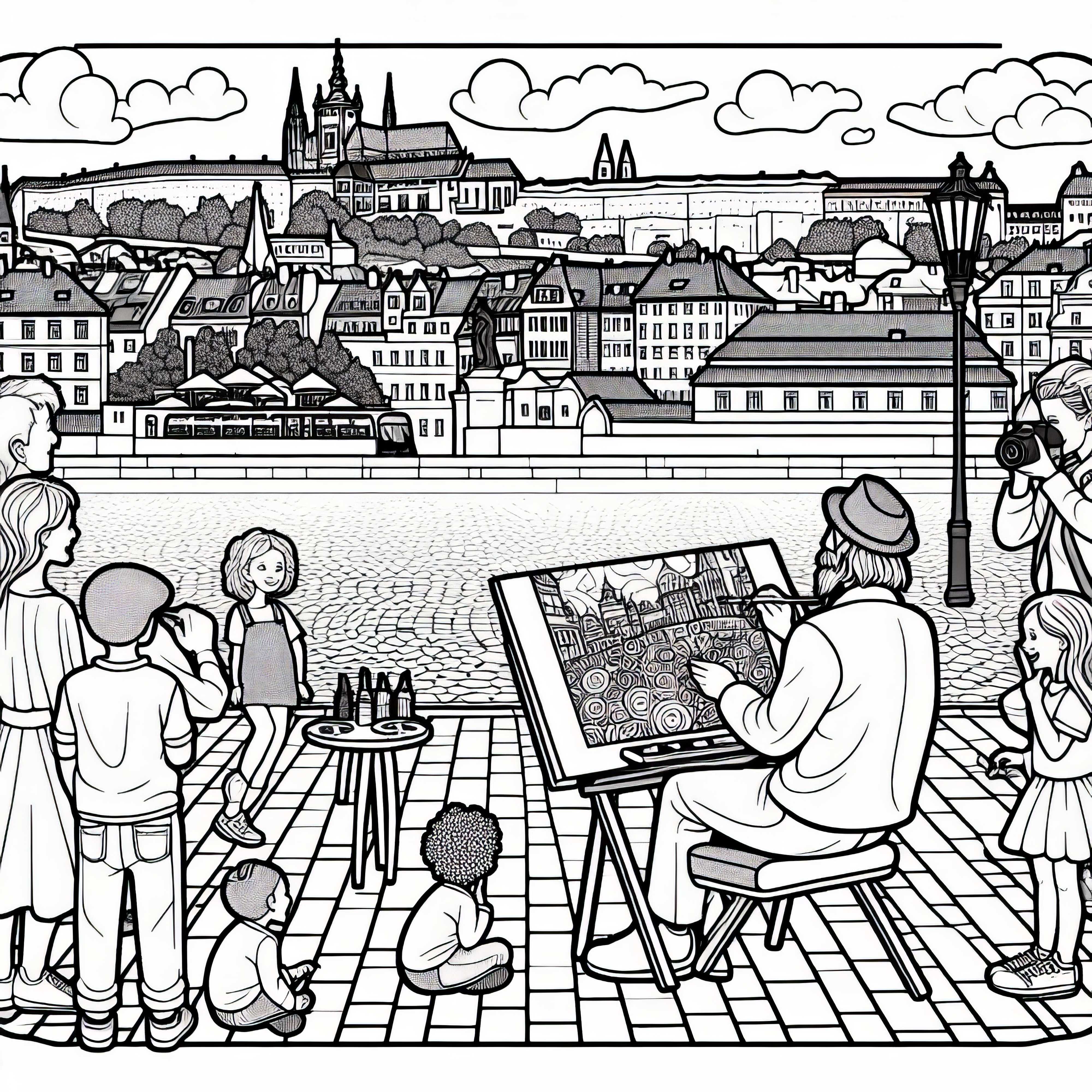 Prager Straßenkünstler malt während Kinder zusehen – Malvorlage kostenlos